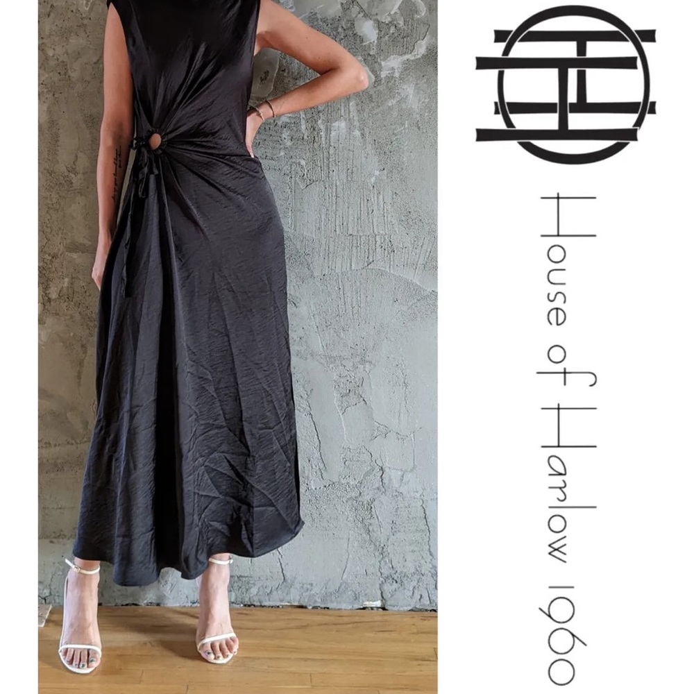 House of Harlow 1960 Revolve Satin Slip Dress Circle Side Cutout Black- Medium
